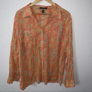 Lauren Ralph Lauren 100% Cotton Orange Paisley Printed Full Button Down Shirt.